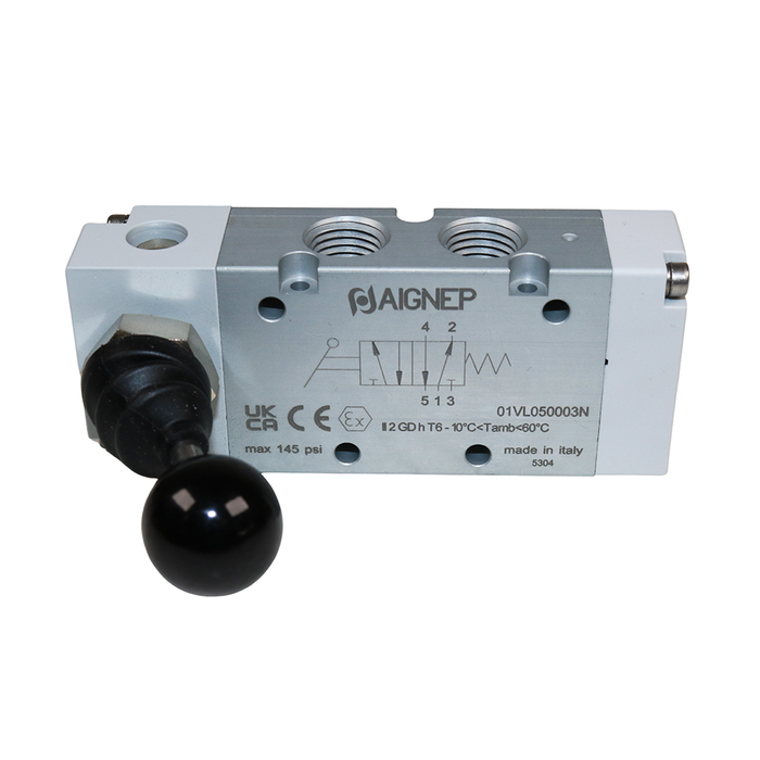 AIGNEP 01VL050003N 90˚ Monostable Spring Return Lever Valve 1/4" 5/2 WAY